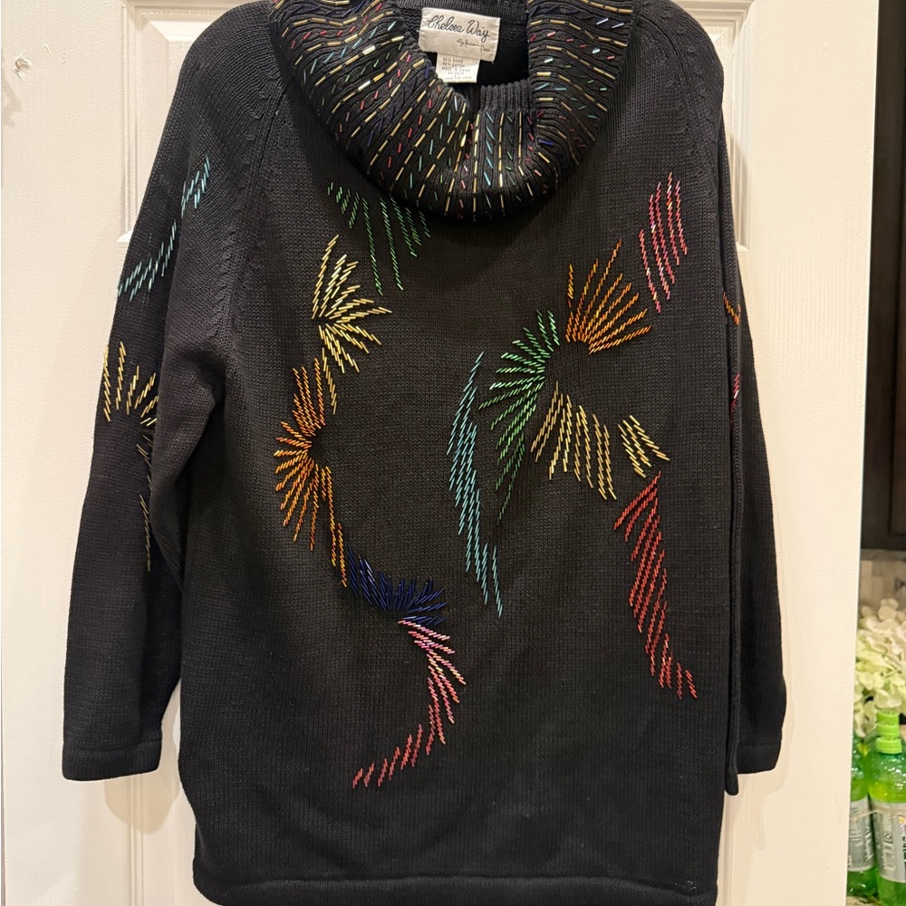 Vintage Chelsea Way Black Cowl Neck Sweater with Multicolor Beading